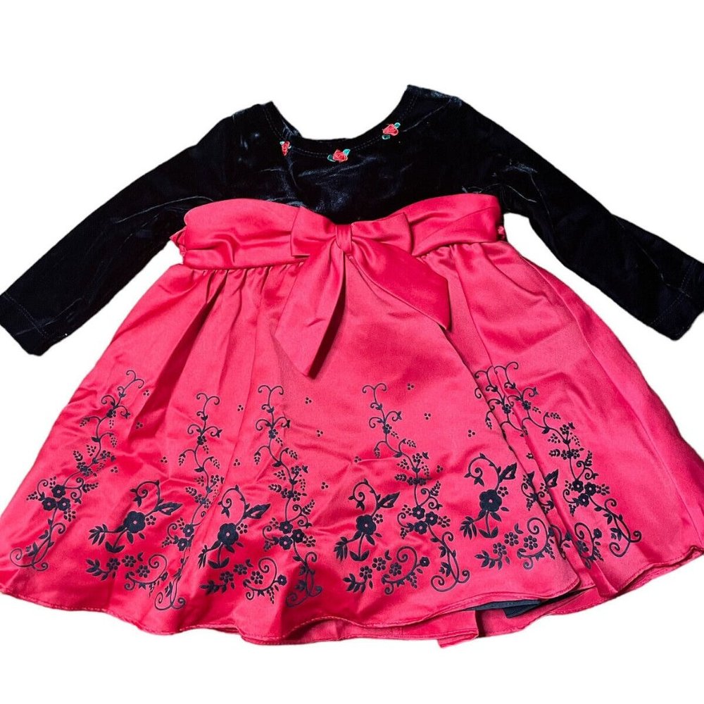 Rare Editions Christmas Red Satin Black Velvet Formal Toddler Dress